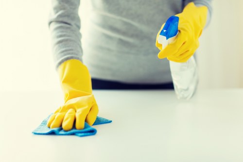 Detail-oriented West Kensington cleaner working on a polished interior surface